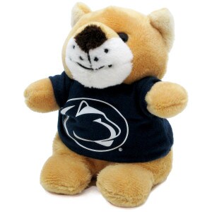 plush stuffed stubby cougar wearing navy t-shirt with Penn State Athletic Logo